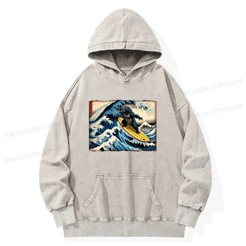 Tokyo-Tiger Dinosaur Surfing Japanese Washed Hoodie