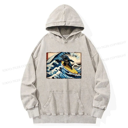 Tokyo-Tiger Dinosaur Surfing Japanese Washed Hoodie