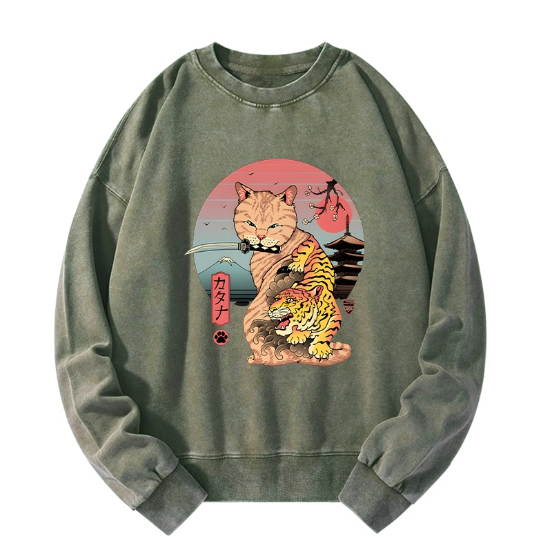 Tokyo-Tiger Katana Cat Tattoo Washed Sweatshirt