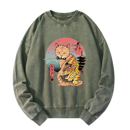 Tokyo-Tiger Katana Cat Tattoo Washed Sweatshirt