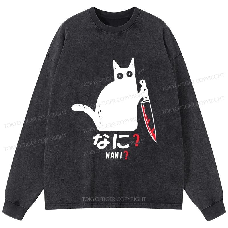 Tokyo-Tiger A Puzzled Cat Holding A Knife Washed Long Sleeve T-Shirt