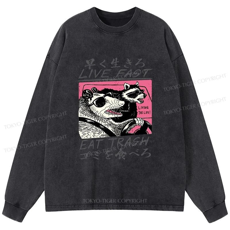 Tokyo-Tiger Live Fast Eat Trash Washed Long Sleeve T-Shirt