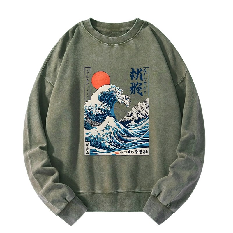 Tokyo-Tiger Ukiyo-e Ocean Waves Japan Washed Sweatshirt