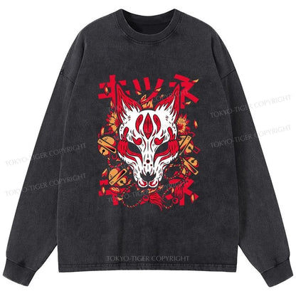 Tokyo-Tiger Japanese Kitsune Mask Washed Long Sleeve T-Shirt