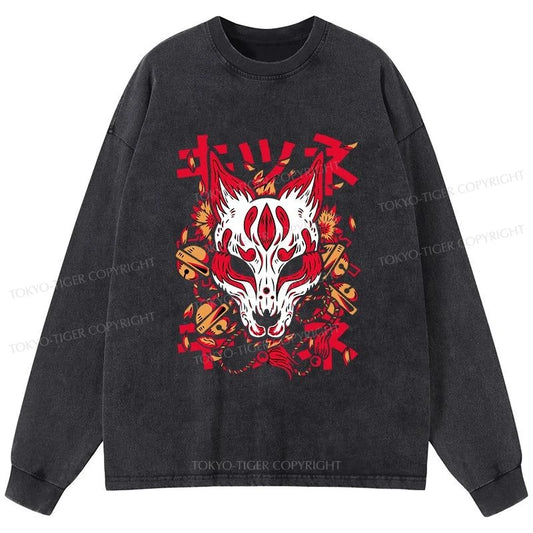 Tokyo-Tiger Japanese Kitsune Mask Washed Long Sleeve T-Shirt