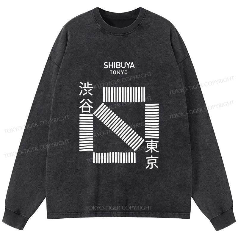 Tokyo-Tiger Japanese Shibuya Crossing Washed Long Sleeve T-Shirt