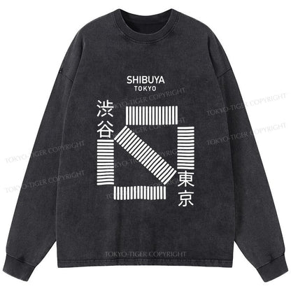 Tokyo-Tiger Japanese Shibuya Crossing Washed Long Sleeve T-Shirt