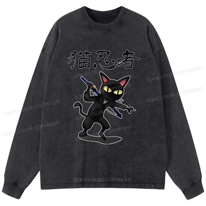 Tokyo-Tiger Ninja Cat Washed Long Sleeve T-Shirt