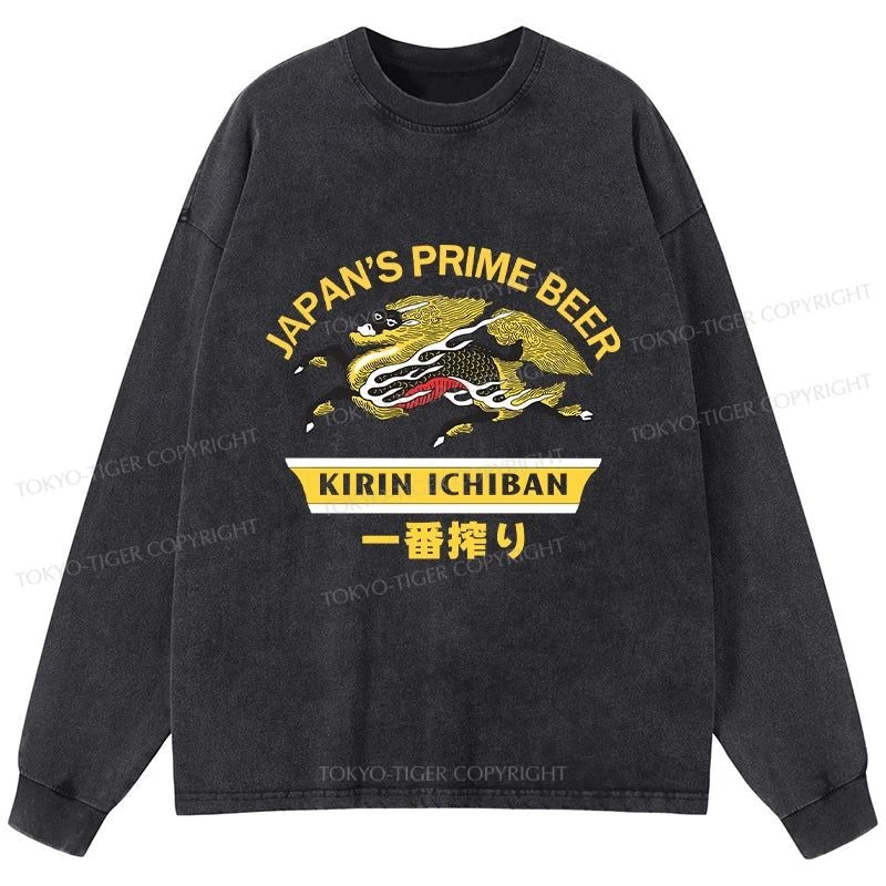 Tokyo-Tiger Kirin Ichiban Beer Logo Japanese Washed Long Sleeve T-Shirt