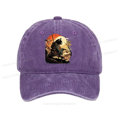 Tokyo-Tiger Cat Ninja Ukiyo-e Anime Style Samurai Washed Cap