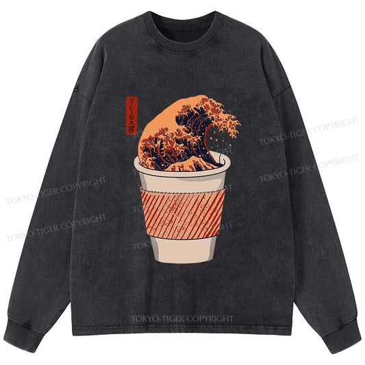 Tokyo-Tiger The Great Wave Coffee Washed Long Sleeve T-Shirt