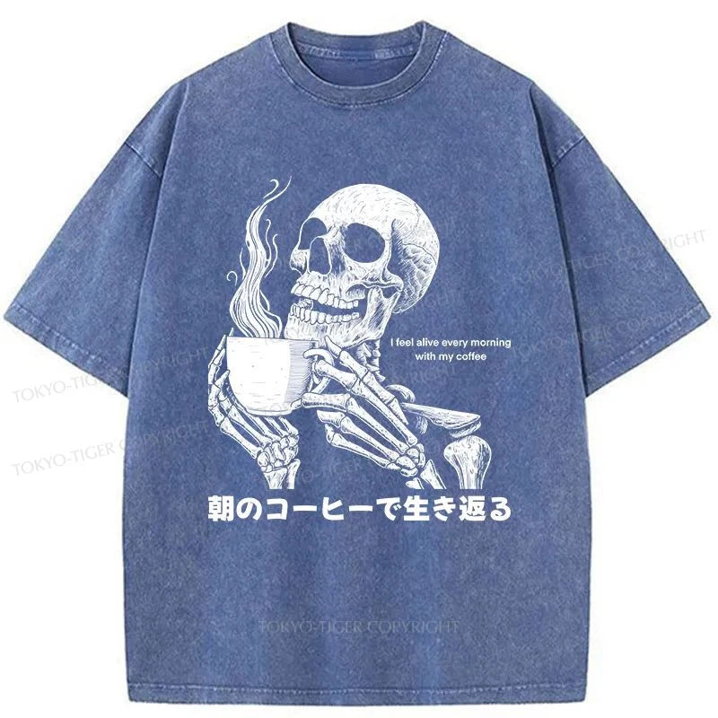 Tokyo-Tiger Skeleton Drinking Coffee Washed T-Shirt