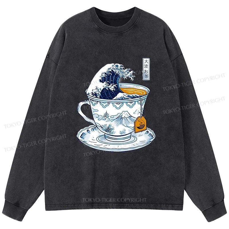 Tokyo-Tiger The Great Kanagawa Tea Wave Washed Long Sleeve T-Shirt