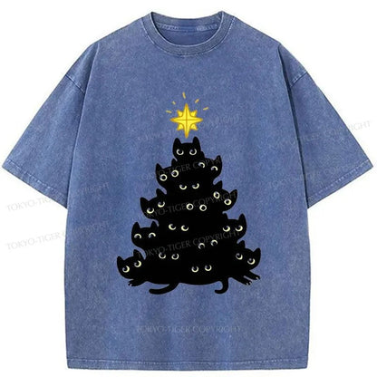 Tokyo-Tiger Black Cat Christmas Tree Washed T-Shirt