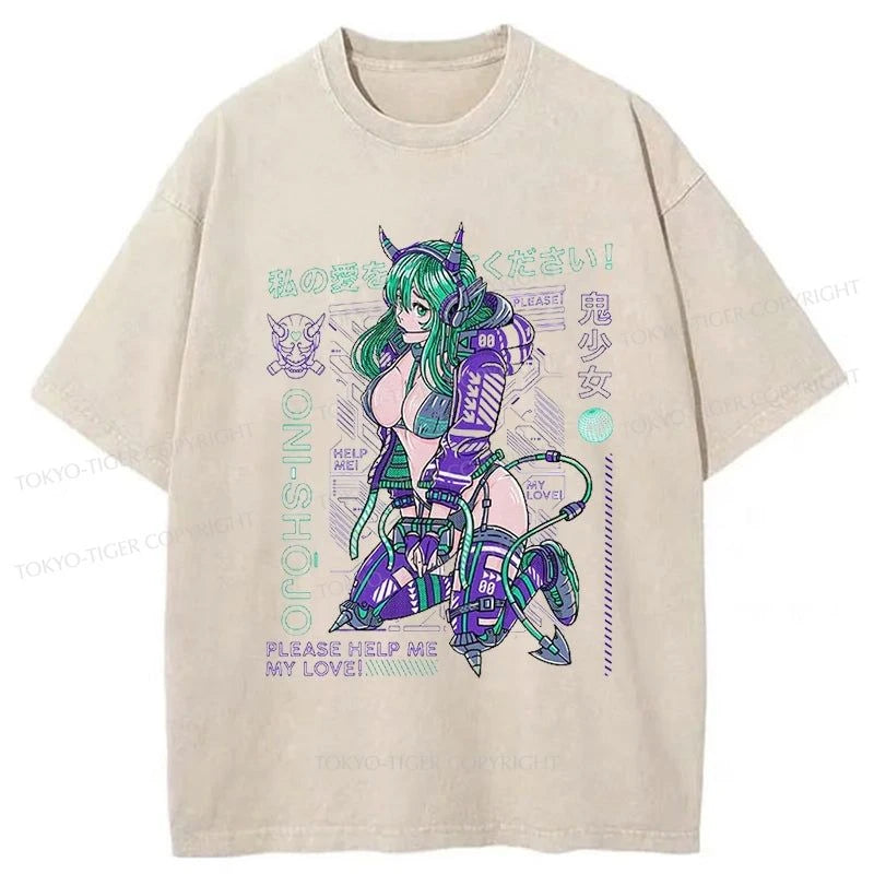 Tokyo-Tiger Yokai Oni Girl Washed T-Shirt