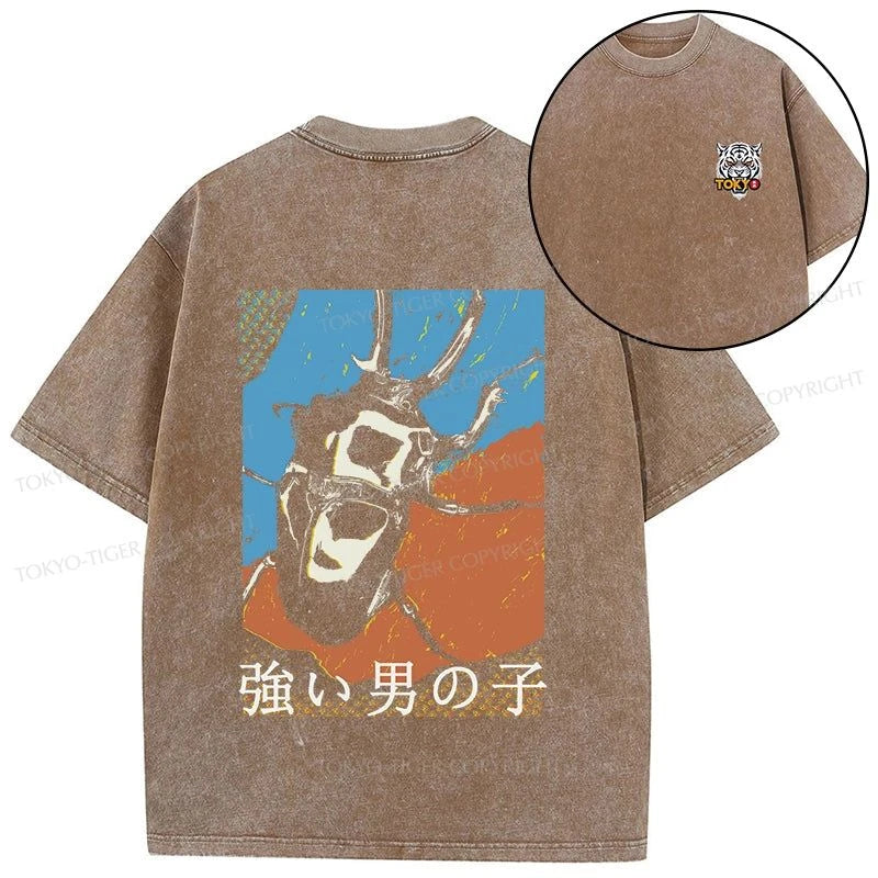 Tokyo-Tiger Strong Beetle Japanese Front Back Washed T-Shirt