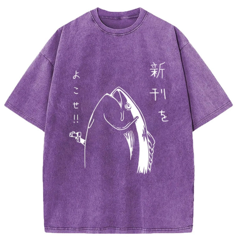 Tokyo-Tiger Japanese Fish Hold Up White Washed T-Shirt
