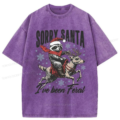 Tokyo-Tiger Funny Raccoon With Santa Washed T-Shirt