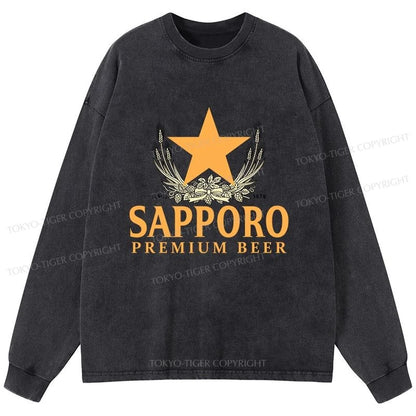 Tokyo-Tiger Sapporo Beer Logo Japanese Washed Long Sleeve T-Shirt