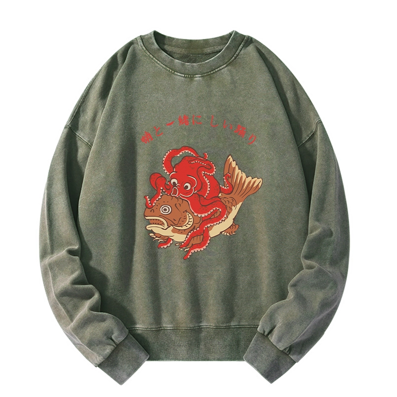 Tokyo-Tiger Octopus And Koi Dance Together Washed Sweatshirt