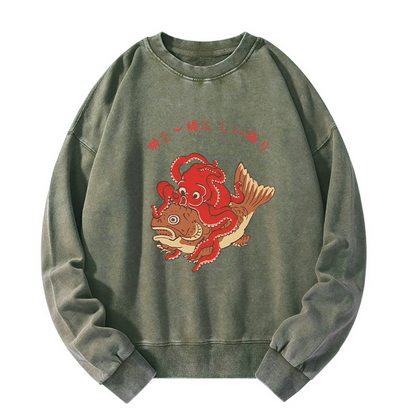 Tokyo-Tiger Octopus And Koi Dance Together Washed Sweatshirt