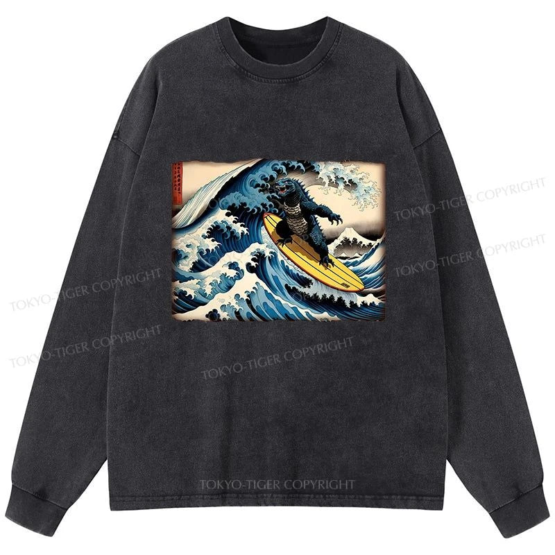 Tokyo-Tiger Dinosaur Surfing Japanese Washed Long Sleeve T-Shirt