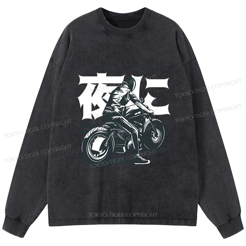 Tokyo-Tiger Motorcyclist Japanese Night Rider Washed Long Sleeve T-Shirt