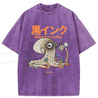 Tokyo-Tiger Octopus Drinks Black Coffee Washed T-Shirt