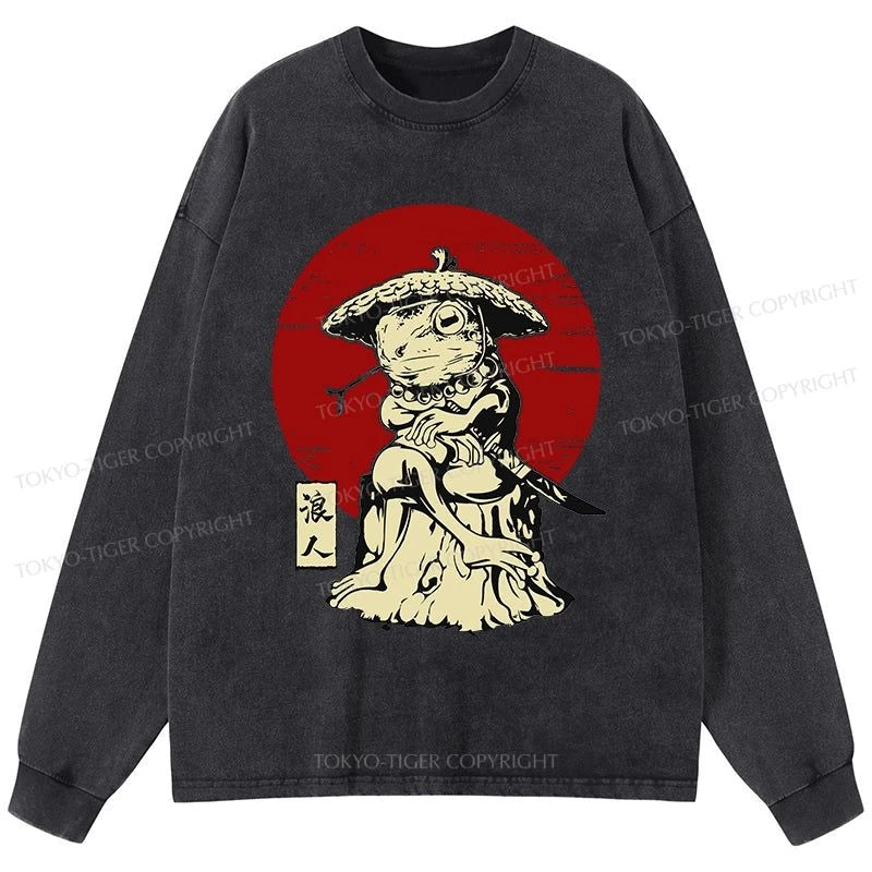 Tokyo-Tiger Rounin Japanese Frog Samurai Washed Long Sleeve T-Shirt