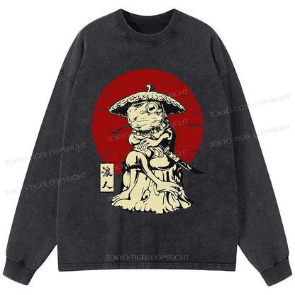 Tokyo-Tiger Rounin Japanese Frog Samurai Washed Long Sleeve T-Shirt