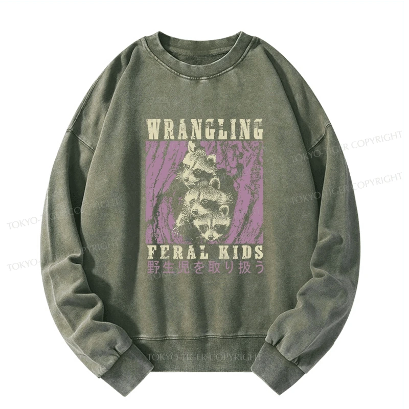 Tokyo-Tiger Wrangling Feral Raccoon Kids Washed Sweatshirt