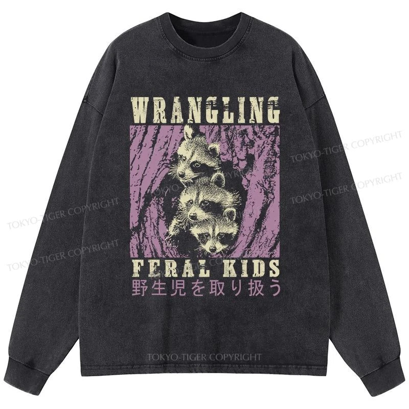 Tokyo-Tiger Wrangling Feral Raccoon Kids Washed Long Sleeve T-Shirt