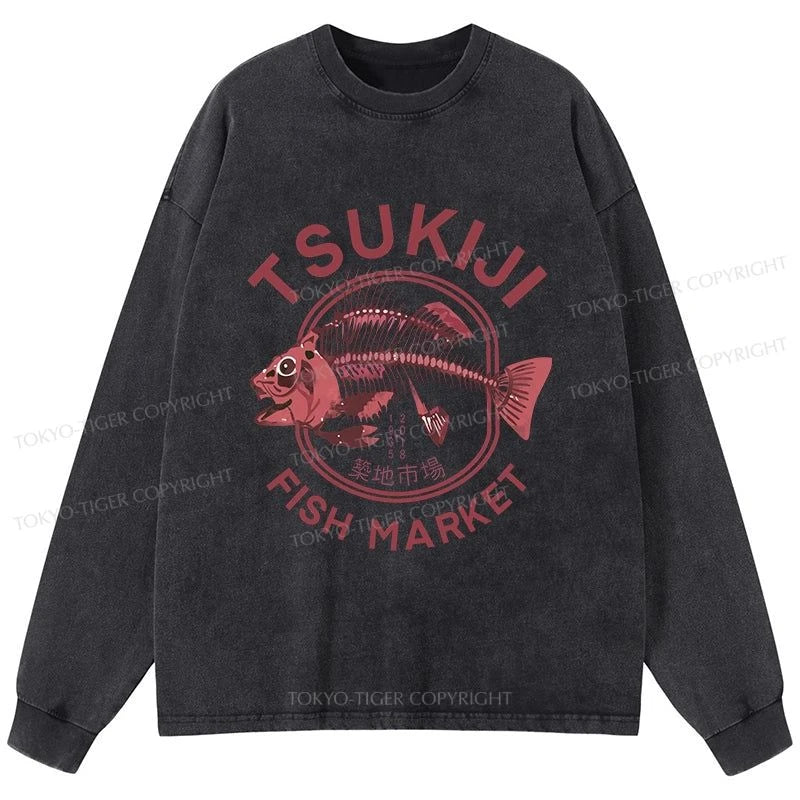 Tokyo-Tiger Tokyo Tsukiji Fish Market Vintage Japan Washed Long Sleeve T-Shirt