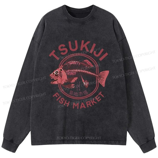 Tokyo-Tiger Tokyo Tsukiji Fish Market Vintage Japan Washed Long Sleeve T-Shirt