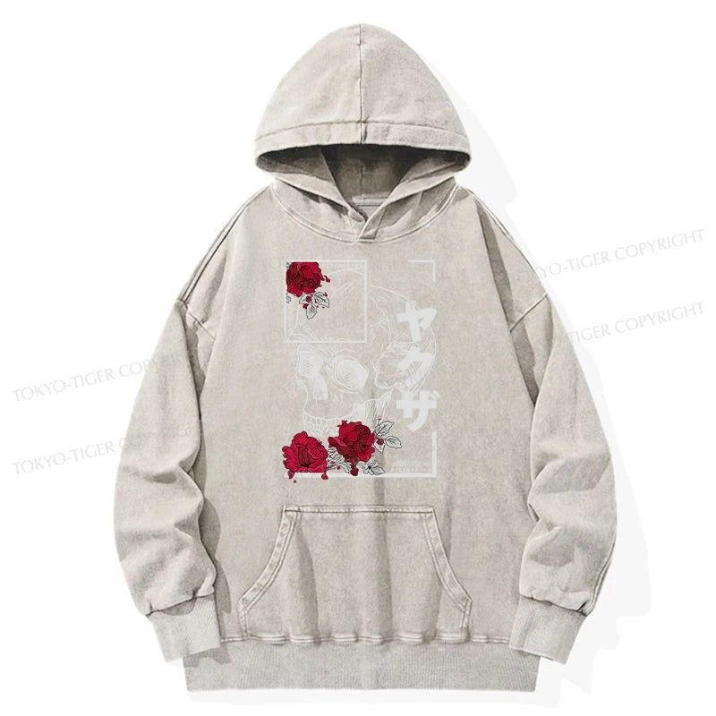 Tokyo-Tiger Skull Roses Japanese Aesthetic Washed Hoodie