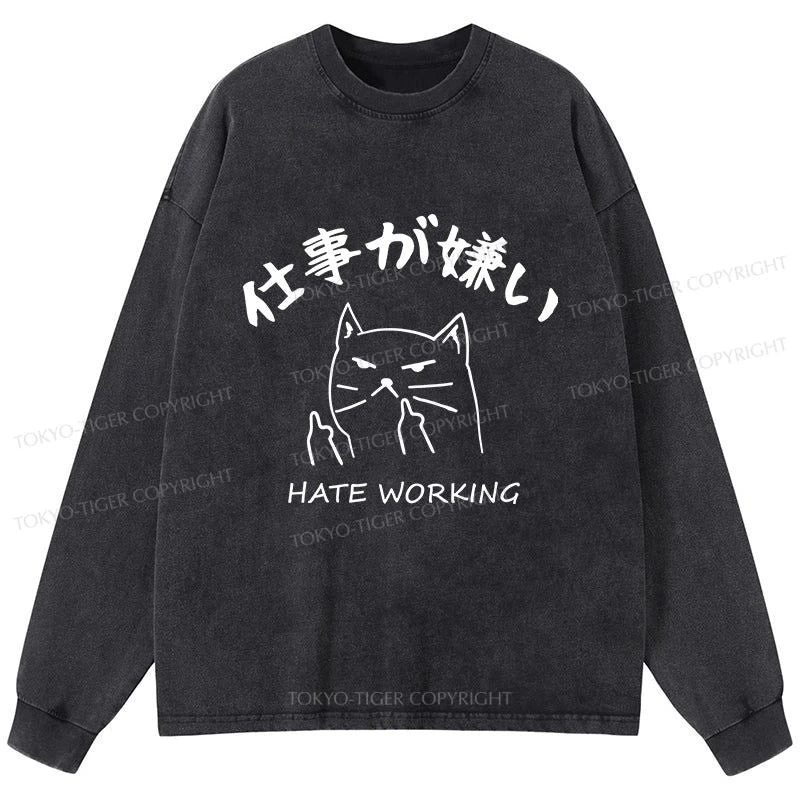 Tokyo-Tiger A Cat That Hates Work Washed Long Sleeve T-Shirt