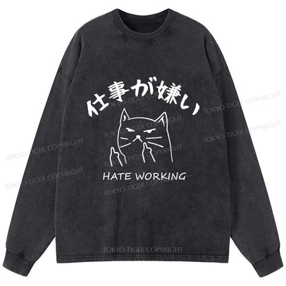 Tokyo-Tiger A Cat That Hates Work Washed Long Sleeve T-Shirt