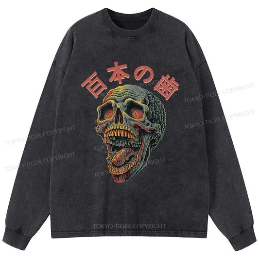 Tokyo-Tiger Terrifying And Disgusting Skull Washed Long Sleeve T-Shirt