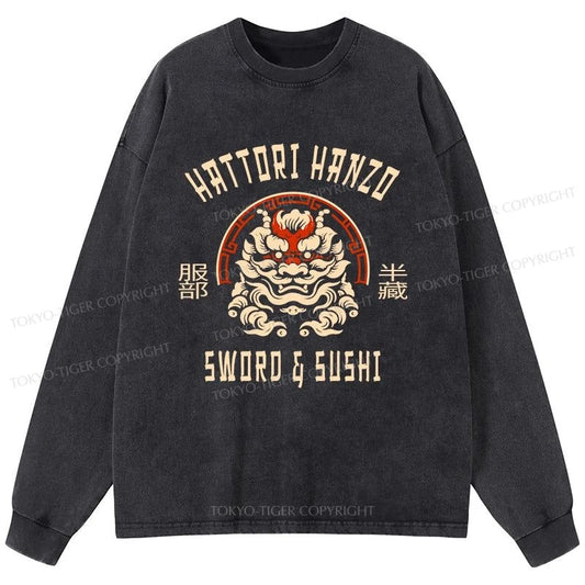 Tokyo-Tiger Hattori Hanzo Sword And Sushi Japanese Washed Long Sleeve T-Shirt