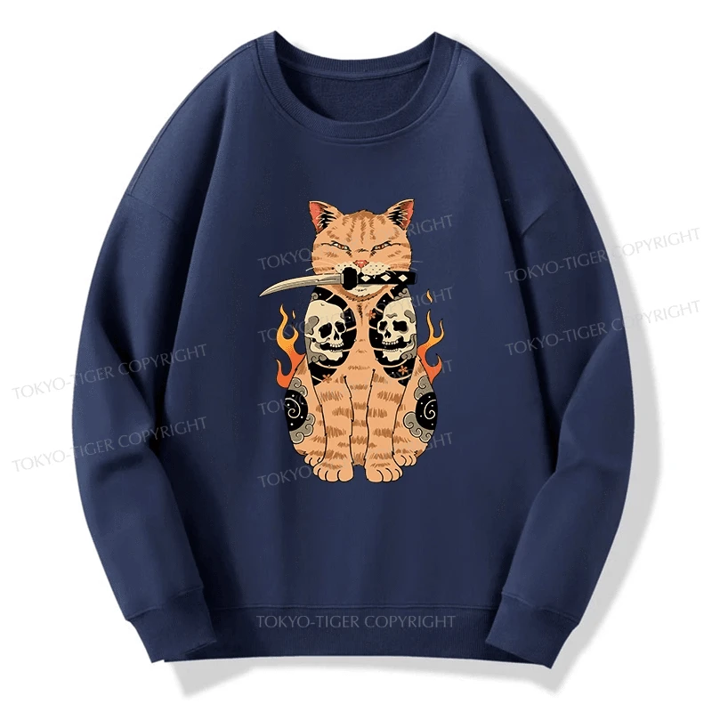 Tokyo-Tiger Catana Cat Skull Tattooed Samurai Sweatshirt