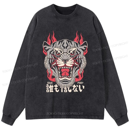 Tokyo-Tiger Retro Tiger Japanese Washed Long Sleeve T-Shirt