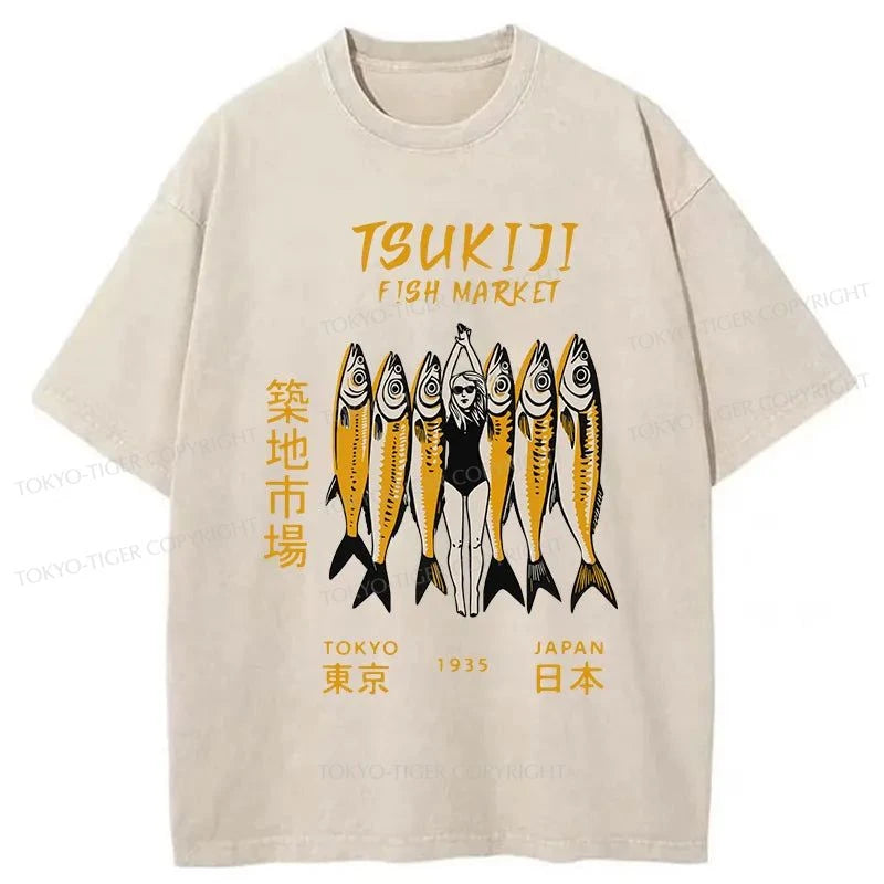 Tokyo-Tiger Fish At Tsukiji Market Washed T-Shirt