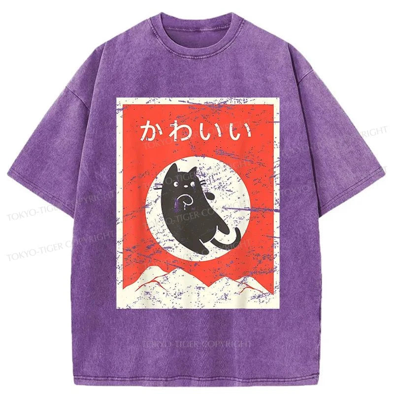 Tokyo-Tiger Cute Black Cat Japanese Washed T-Shirt