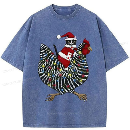 Tokyo-Tiger Christmas Cat Riding Chicken Washed T-Shirt