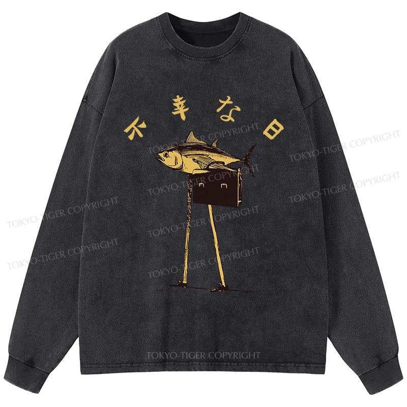 Tokyo-Tiger Unlucky Fish Japanese Washed Long Sleeve T-Shirt