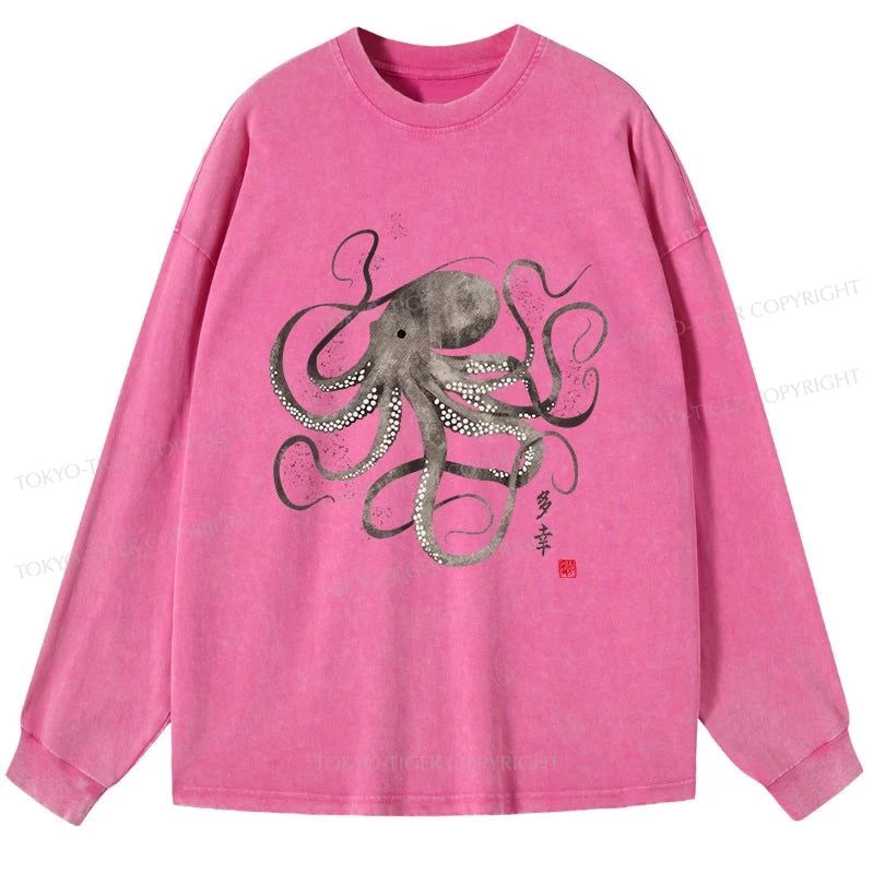 Tokyo-Tiger Octopus Japanese Calligraphy Washed Long Sleeve T-Shirt