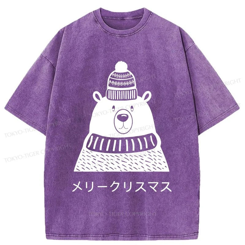 Tokyo-Tiger Cute Christmas White Bear Washed T-Shirt