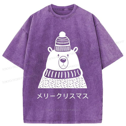 Tokyo-Tiger Cute Christmas White Bear Washed T-Shirt