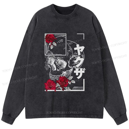 Tokyo-Tiger Skull Roses Japanese Aesthetic Washed Long Sleeve T-Shirt