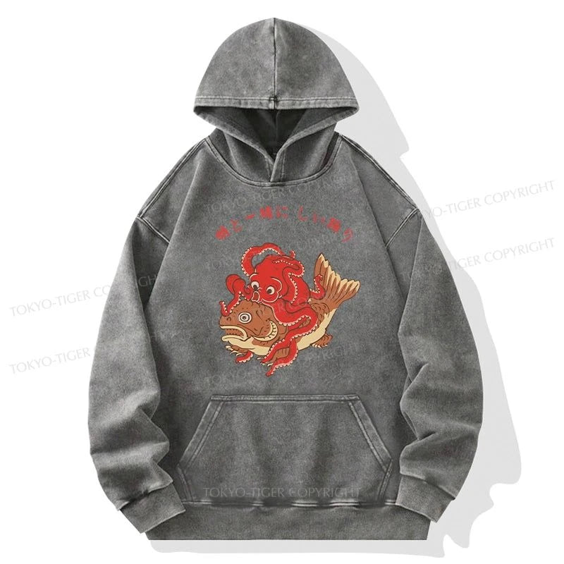 Tokyo-Tiger Octopus And Koi Dance Together Washed Hoodie